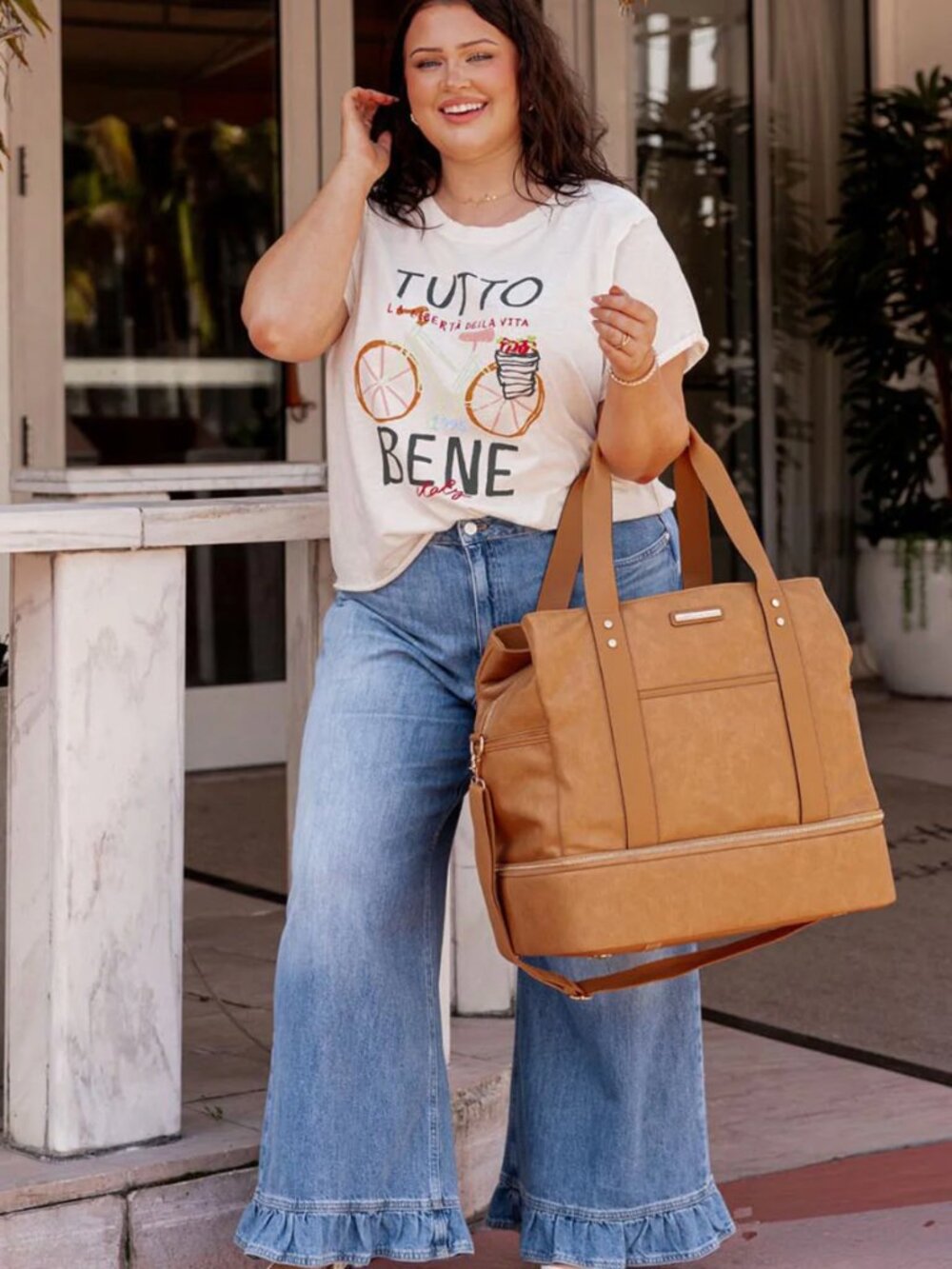 Poppy & Peonies Pink and Aqua Striped Canvas Tote with White Straps and Tan Trim - Picture 10 of 11